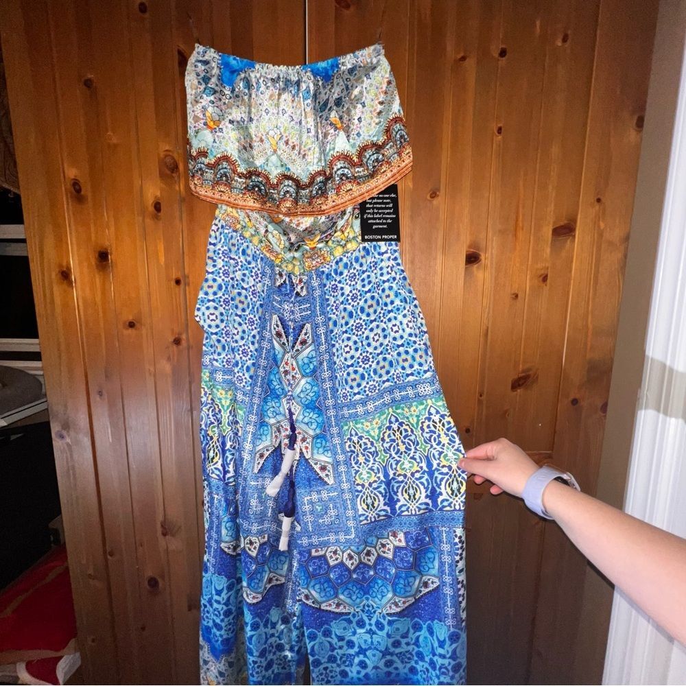BOSTON PROPER Strapless Boho Print Jumpsuit with Tassel Details, Size Medium